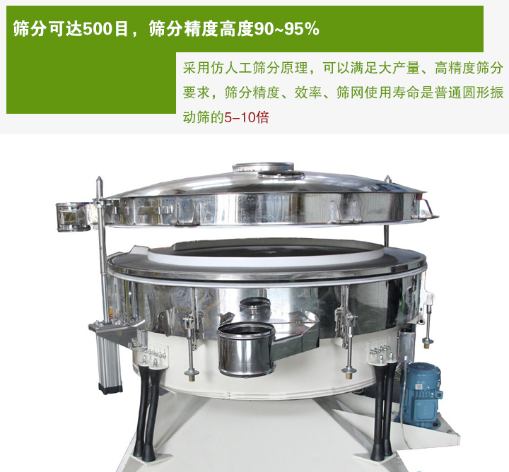 搖擺篩分機采用仿人工篩分原理,可以滿足大產量、高精度篩分 要求,篩分精度、效率、篩網使用壽命是普通圓形振 動篩的5-10倍